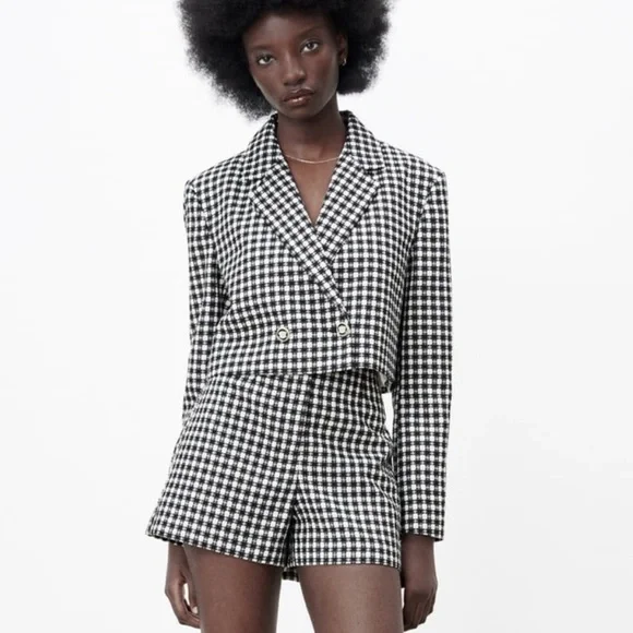 NWT Zara Textured Tweed Plaid Black White Cropped Blazer